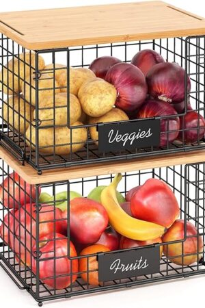 2 Pack Stackable Wire Baskets with Bamboo Top for Pantry Organizers and Storage, XXL Kitchen Organization Counter Basket for Fruit, Vegetable, Produce, Bread, Potato and Onion Storage Bins