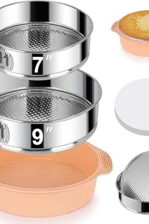 7, 9 Inch Springform Pan, Nonstick 304 Stainless Steel Cake Pans with Removable Bottom, Leakproof Springform Pan for Cheesecake with Silicone Pans Protector & 50PCS Parchment Paper, Dishwasher Safe