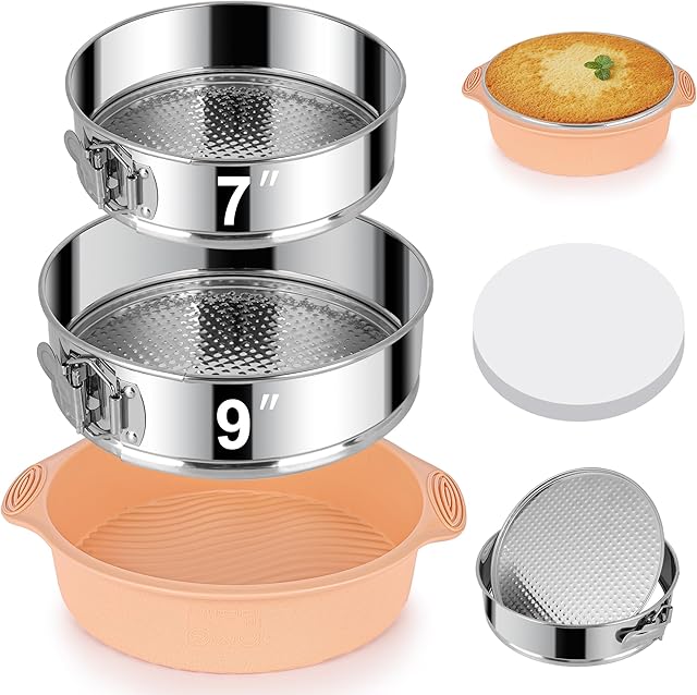7, 9 Inch Springform Pan, Nonstick 304 Stainless Steel Cake Pans with Removable Bottom, Leakproof Springform Pan for Cheesecake with Silicone Pans Protector & 50PCS Parchment Paper, Dishwasher Safe