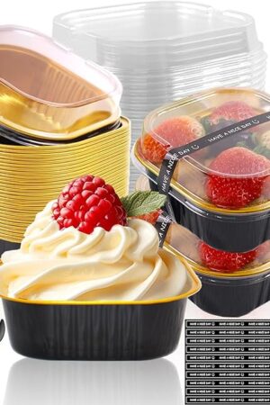 10oz Mini Cake Pans With Lids 50 Pack Aluminum Foil Square Brownie Baking Cups,Disposable Loaf Pans With Lids and Spoons Stickers,Large Cupcake Pans Muffin Tins Cake Container(Black)