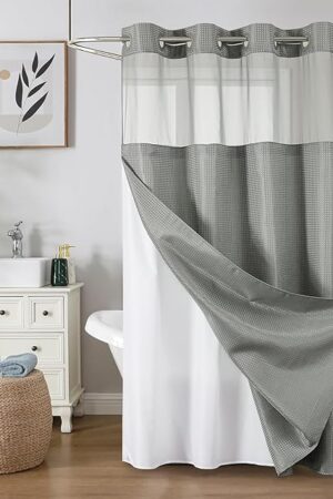 Colorful Star No Hook Shower Curtain with Snap in Fabric Liner, Waffle Weave Heavy Duty Thick Shower Curtains with Mesh Top Window, Hotel Style Waterproof Bathroom Curtain Set, 72 x 75 Inch, Grey