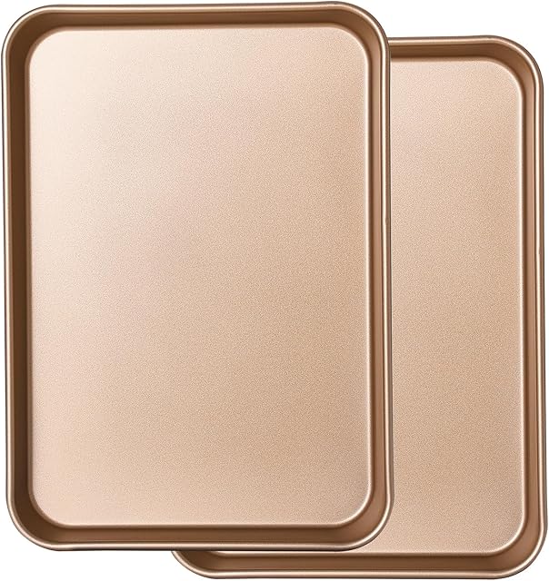 2 Pack 14 X 10 Inches Quality Baking Sheet Pan, Slick Carbon Steel Baking Sheet Set, Warp Resistant Nonstick Cookie Baker's Half Sheets for Baking, Roasting, Gold