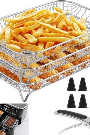 Air Fryer Rack Accessories for Ninja Basket, 3 Layers, 304 Stainless Steel Stackable Bacon Air Fryer Accessories for Ninja AF300UK, Salter/Instant/EMtronics Double Drawer, with Clip