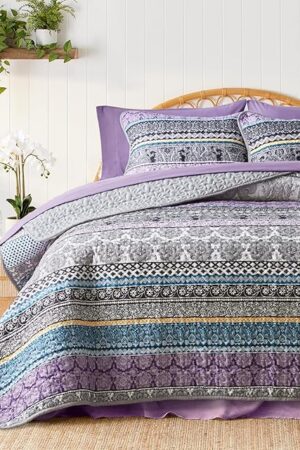 3 Pieces Quilt Set Full Queen Size Purple n Grey Striped Microfiber 88x88 inces