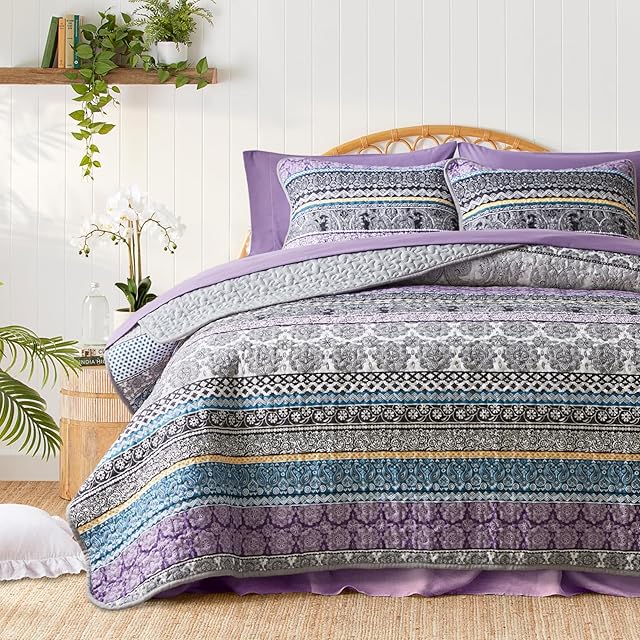 3 Pieces Quilt Set Full Queen Size Purple n Grey Striped Microfiber 88x88 inces