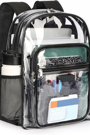 ZORFIN Clear Backpack Heavy Duty for School – 17in Transparent PVC Bag with Large Capacity & Reinforced Straps for Men, Women, Boys & Girls - See Through Bookbag for College Workplace Security, Black