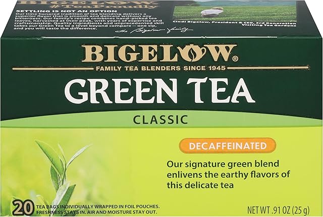 Bigelow Classic Green Tea, 20 Bags, Decaffeinated, 0.91 Ounces (Pack Of 6)