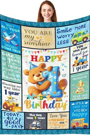 CIUGOIG 1 Year Old Boys Gifts, Happy 1st Birthday Blanket 50"x40", 1st Birthday Gifts for One Year Old Boys, Baby Boy First Birthday Gift Ideas, Teddy Bear 1st Birthday Decorations for Boy Blanket