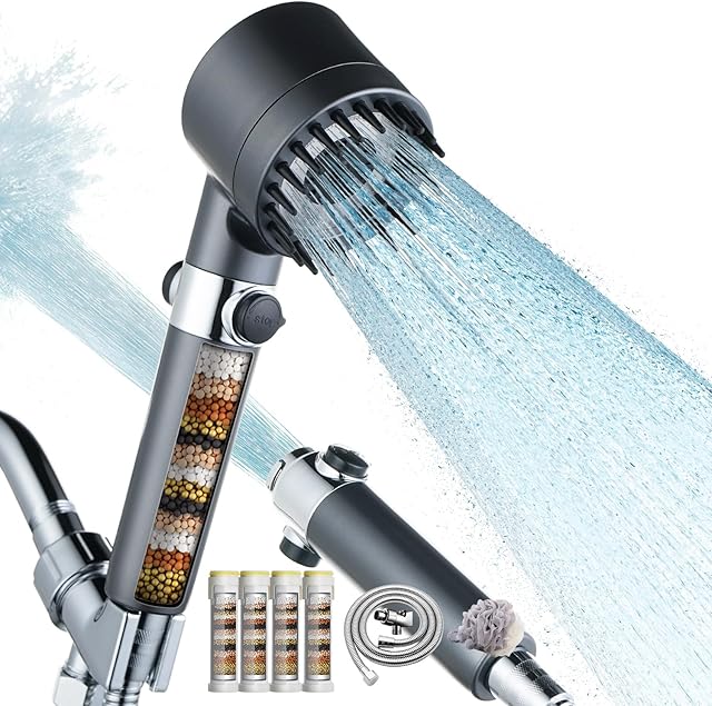 Filtered Handheld Shower Head-High Pressure with 4 Spray Modes,Hard Water Filter for Softer Skin & Hair,ON/OFF Pause Switch, With 79" Stainless Steel Hose,Bracket,4 cartridges, Bath Loofah