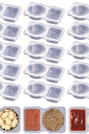 15 Sets Double Compartment Condiment Containers with Lid, Transparent Small Plastic Dipping Containers for Condiments or Dips, Sauce Snack, Salad Dressing, Sampling, Travel Snack