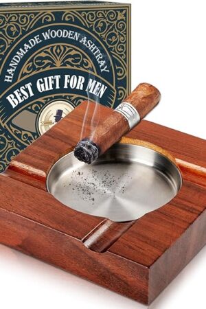 Wood Cigar Ashtray Accessories for Cigarettes - Indoor Outdoor Patio Home Office Use - Square Wooden Brown Ash Tray Gift Set for Men With Gift Box (Classic)