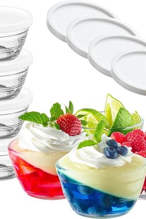 16pc Set of Small Glass Bowls with Airtight Lids - 8oz Stackable Custard Cups - 8 Clear Mise en Place Food Prep Bouillon Cups & Mixing Bowls + 8 Lids for Sauces Dips, Nuts Oats, Candy Dessert, Cereal.