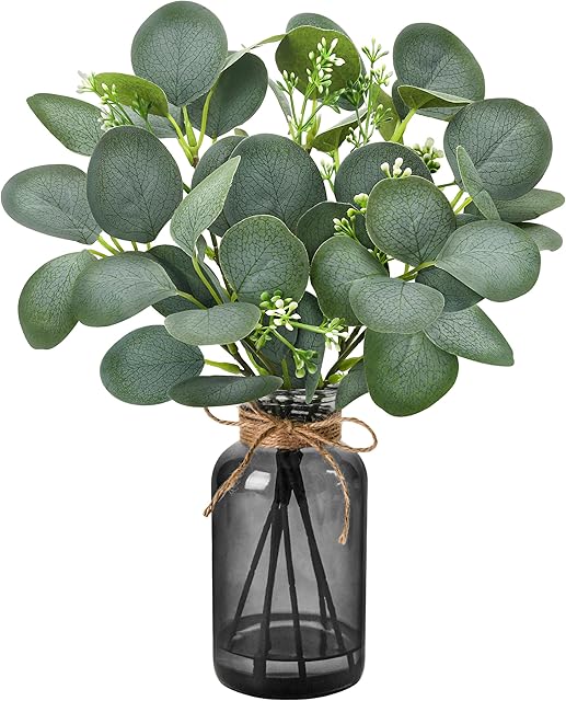Der Rose 13.5" Fake Plants for Black Bathroom Decor Artificial Eucalyptus Stems in Black Glass Vase with Faux Water for Office Desk Accessories Home Table Centerpiece Decor(Sage Green)