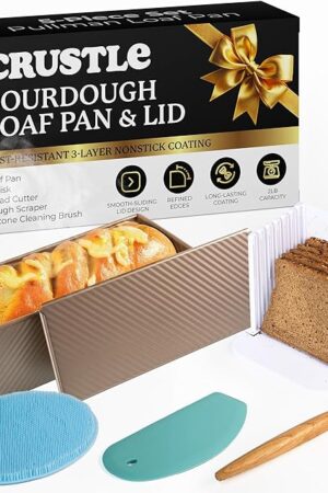 5-Pack Pullman loaf pan with Lid – Sourdough Loaf Pan Set, Includes Dough Scraper, Whisk, Silicone Cleaning Brush & Bread Cutter – Long Loaf Pan with Lid for Homemade Loaf