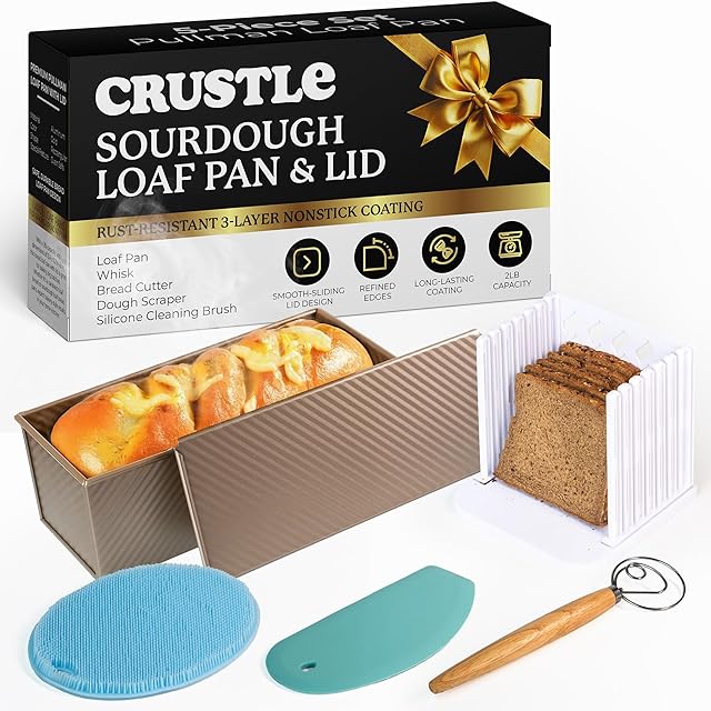 5-Pack Pullman loaf pan with Lid – Sourdough Loaf Pan Set, Includes Dough Scraper, Whisk, Silicone Cleaning Brush & Bread Cutter – Long Loaf Pan with Lid for Homemade Loaf
