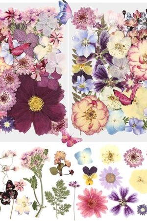 Eshow 50Pcs Dried Pressed Flowers for Crafts and 40Pcs Butterfly Stickers, Natural Dry Flowers for Resin with Tweezer for Scrapbooking DIY Art Crafts, Epoxy Jewelry Molds, Candle, Soap Making