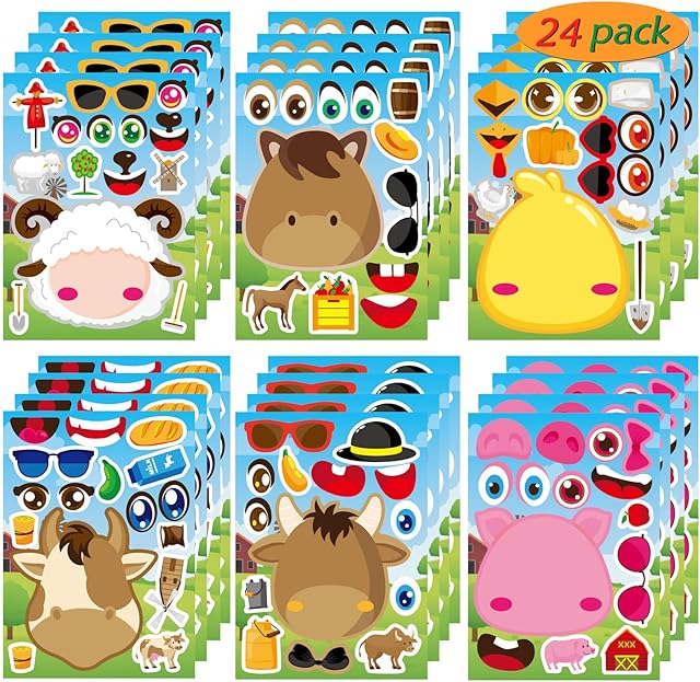 The 24 PCS Make-a-face Sticker Sheets Make Your Own Farm Animal Mix and Match Sticker Sheets with Sheep, Pigs, Cow and Chickens Kids Party Favor Supplies Craft
