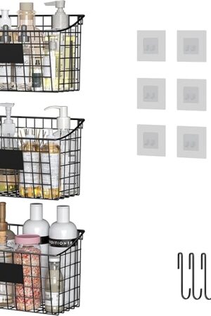 Wall Mounted Bin Basket with 5 Hooks 3 Label Plate Adhesive-3 Pack, Cabinet Hanging Metal Wire Basket,Rustic Farmhouse Decor, Storage Organization Shelf for Pantry Kitchen Bathroom 10.6*7.5*5.1inch