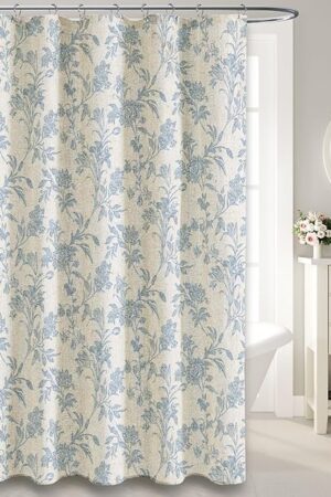 Blue Shower Curtain Floral Cotton Linen Cottagecore Shower Curtain for Bathroom 72" W x 72" L