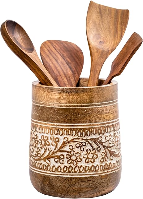Mie Creations Farmhouse 7'' Large Utensil Holder for Kitchen Counter | Handcrafted Wooden Utensils Crock Cooking Spatula Organizer | Elegant Floral Design Utensil Caddy, Countertop Supplies- White