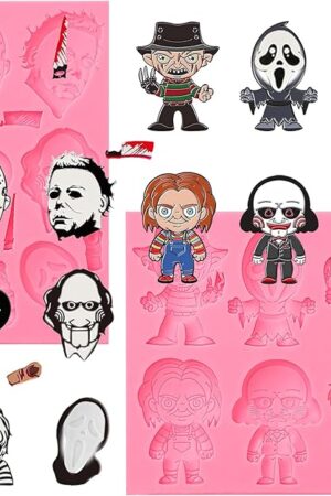 2 Pcs Halloween Cake Decoration Fondant Molds Horror Cartoon Character Silicone Molds for Horror Party Chocolate Cookies Jelly Mousse Dough Gum Pudding DIY Epoxy Resin Polymer Clay