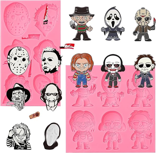 2 Pcs Halloween Cake Decoration Fondant Molds Horror Cartoon Character Silicone Molds for Horror Party Chocolate Cookies Jelly Mousse Dough Gum Pudding DIY Epoxy Resin Polymer Clay