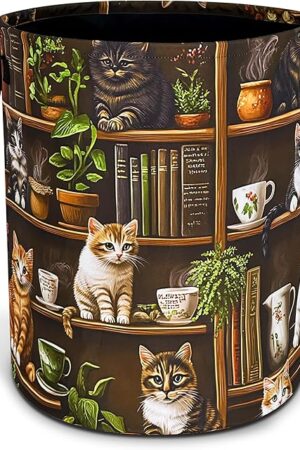 Cute Cat Laundry Basket Bookshelf Animal Oxford Cloth Laundry Hamper Funny With Handle Foldable Portable Clothes Storage Basket 18.9 X 16.5 In Storage Bag For Laundry Room/Bathroom/Bedroom/Dormitories