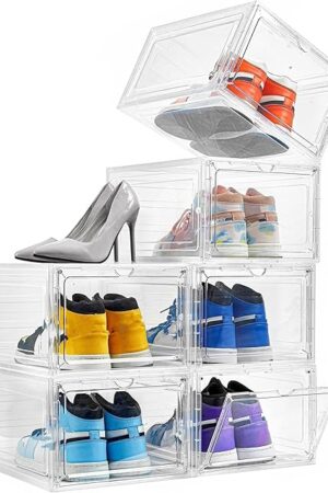 Attelite Shoe Box Organizer,Set of 6,Stackable Plastic Shoe Box with Clear Door, Shoe Storage Box Containers,For Display Sneakers,Easy Assembly,Fit up to US Size 12(13.4?x 10.6?x 7.4?)