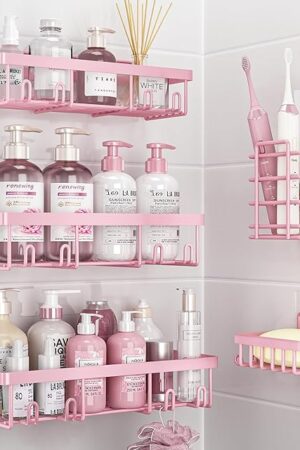 5 Pack Shower Caddy Organizer Rack Shelf for Inside Shower, Adhesive Bathroom Wall Storage Basket Rustproof Stainless Steel Shampoo Holder, Girly Bathroom Accessory Decor Set, Pink