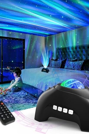 AIRIVO Northern Lights Aurora Projector, Star Projector Music Speaker, White Noise Night Light Galaxy Projector for Kids Adults, for Home Decor Bedroom/Ceiling/Party (Black)