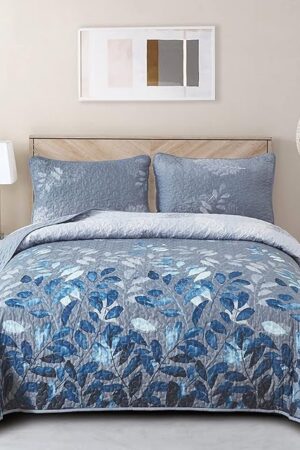 WONGS BEDDING Blue Quilt Set Queen Size,3 Pieces Navy Blue Floral Bedspread Coverlet Set,Soft Microfiber Lightweight Grayish Blue Gradient Floral Bedding Set Queen 96"x90"