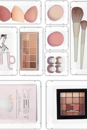 Vtopmart 10 Pcs Makeup Drawer Organizer Bins Set, 4 Size Plastic Makeup and Vanity Organizer Trays, Clear Acrylic Vanity Storage Containers for Cosmetics, Toiletries, Jewelry, Gadgets, Office Supply