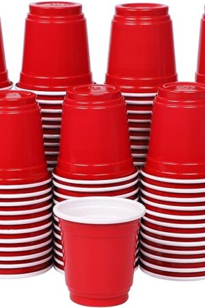 Zcaukya 120ct 2oz Mini Disposable Shot Cups, Small Red Plastic Party Cups for Parties, Games & Events