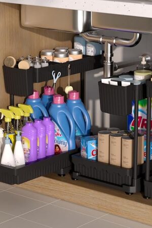 3 Pack Multi-Purpose Under Sink Organizers and Storage, 2025 L-Shaped Pull Out Cabinet Organizer for Bathroom & Kitchen, Under Cabinet Organizer with Hooks Hanging Cup, Black