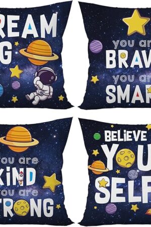 Yuzi-n Outer Space Pillow Covers Planet Astronaut Space Pillow Cases Decor for Nursery Kids Bedroom Playroom Classroom, 18 x 18 Inch Set of 4,Navy Blue-Space Dream Big