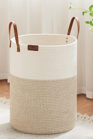 VIPOSCO Tall Laundry Basket, Large Dirty Clothes Hamper with Leather Handle, Woven Rope Storage Basket for Blanket, Toy In Living Room, Bathroom, Bedroom - 58L White & Brown