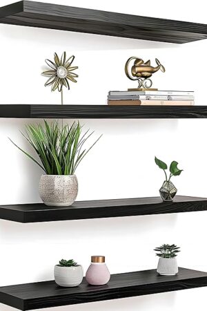Black Wood Floating Shelves for Wall Rustic Wall Shelf for Bedroom Living Room Set of 4
