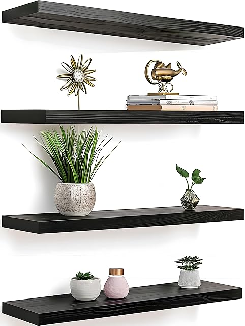 Black Wood Floating Shelves for Wall Rustic Wall Shelf for Bedroom Living Room Set of 4