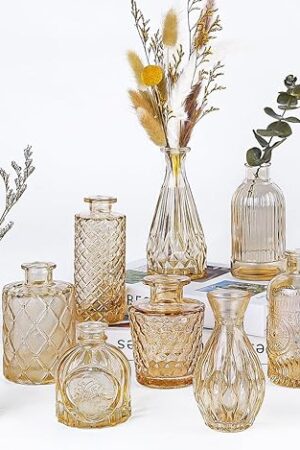 Amber Glass Bud Vases Set of 12, Gold Mini Flower Vase for Centerpieces, Small Vases in Bulk for Wedding Decorations, Vintage Vase for Table, Recepetion, Home Décor
