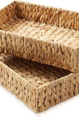 Casafield Set of 2 Bathroom Storage Baskets, Natural - Water Hyacinth, 15.75" W x 11.25" D x 3.25" H, Woven Toilet Tank Topper Bins for Organizing Tissues, Toilet Paper, Toiletries, Shelves