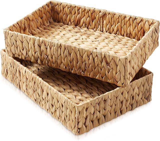 Casafield Set of 2 Bathroom Storage Baskets, Natural - Water Hyacinth, 15.75" W x 11.25" D x 3.25" H, Woven Toilet Tank Topper Bins for Organizing Tissues, Toilet Paper, Toiletries, Shelves
