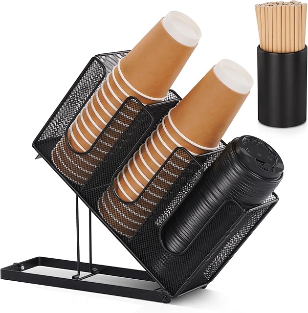 Paper Cup and Lid Holder with Straw Organizer, Disposable Coffee Cup Holder Dispenser for Countertop Coffee Station Bar Restaurant Breakroom, Black
