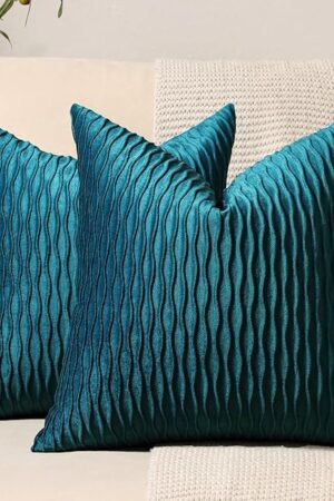 DEZENE 18x18 Teal Throw Pillow Cases: 2 Pack Original Striped Velvet Square Decorative Pillow Covers for Farmhouse Couch
