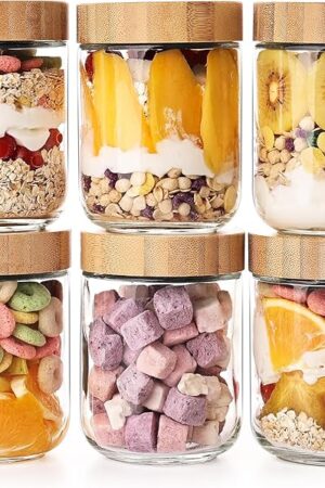 YUNCANG Glass jars with Airtight Lids, 16oz Overnight Oats Containers with Bamboo Lids, 6 Pack Wide mouth Mason Salad jars, Glass Food Storage Containers for Spice Sugar Snacks Yogurt