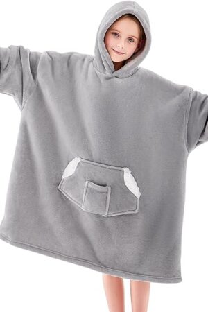 Wearable Blanket Hoodie for Kids, Blanket Hoodie For Kids With Hood And Pocket, Sherpa Oversized Cozy Sweatshirt Blankets As Gifts For Girls Boys (Grey)