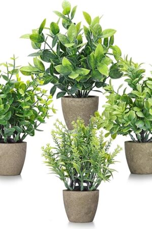 4 Pack Fake Plants Ceramic Mini Artificial Greenery Potted Plants for Home Decor Office Decor Room Decor Farmhouse Decor Indoor Table Bathroom Decor