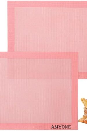 AMYONE Perforated Baking Mats, 2 PCS Pink Eclair Silicone Mat for Half Sheet, Non-Stick Reusable Oven Liners for Making Bread/Pizza/Pastry/Cookie 11 5/8" x 16 1/2", Sakura Pink