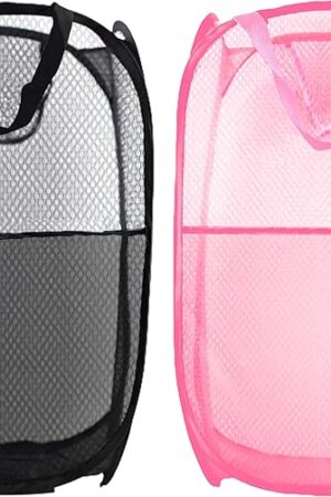 Collapsible Pop Up Laundry Hamper, Mesh Foldable Laundry Basket Bag, Extra Large - 28" x 16" x 16", 2 Pack (Black + Pink)