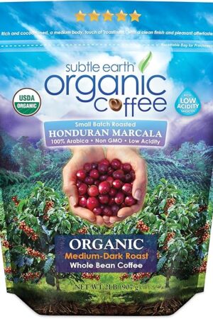 2LB Subtle Earth Organic Coffee - Medium-Dark Roast - Whole Bean Coffee - 100% Arabica Beans - Low Acidity and Non-GMO - 2lb bag