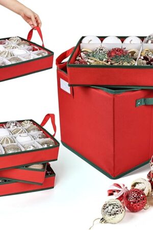 Christmas Ornament Storage Box High Capacity Decoration Organizer Holds Up to 64 Ornaments Decoration Balls Holiday Storage Case with Lid Large Foldable Storage Case for Sundries or Clothes (Red)